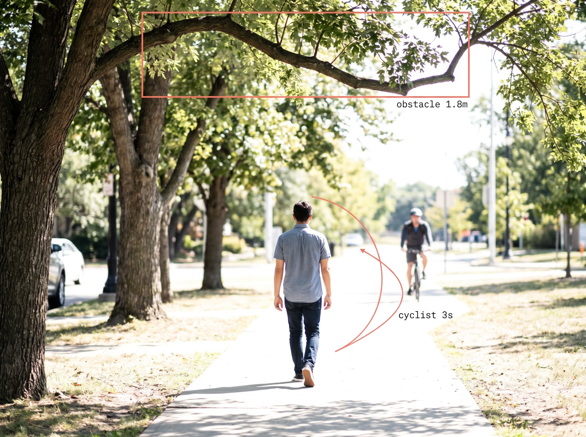 Same scene with Vajview overlay highlighting branch and cyclist